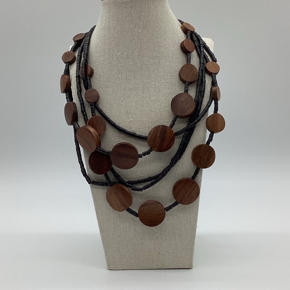 56. Brown Wood Circular Disc Necklace Multi-Layered EUC - Picture 1 of 3
